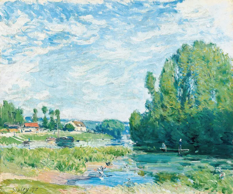 La Mare Aux Canards by Alfred Sisley, oil painting of a tranquil pond with ducks and autumn foliage.