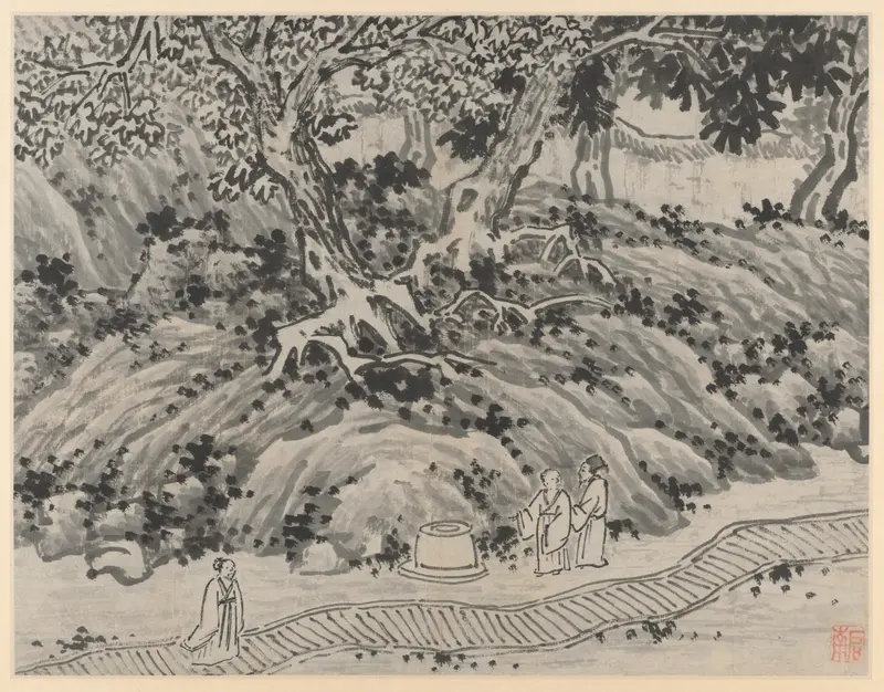 Landscape with a solitary figure under a gnarled tree, ink on paper by Shen Zhou