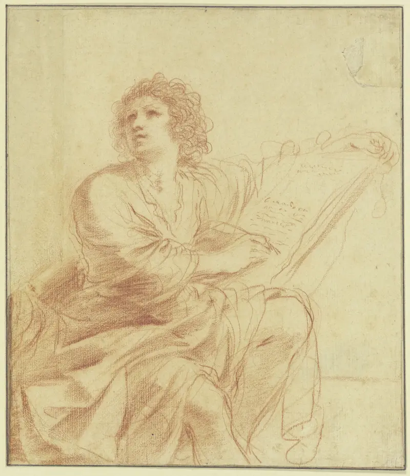 Guercino's painting depicts Saint John the Evangelist in a contemplative pose.