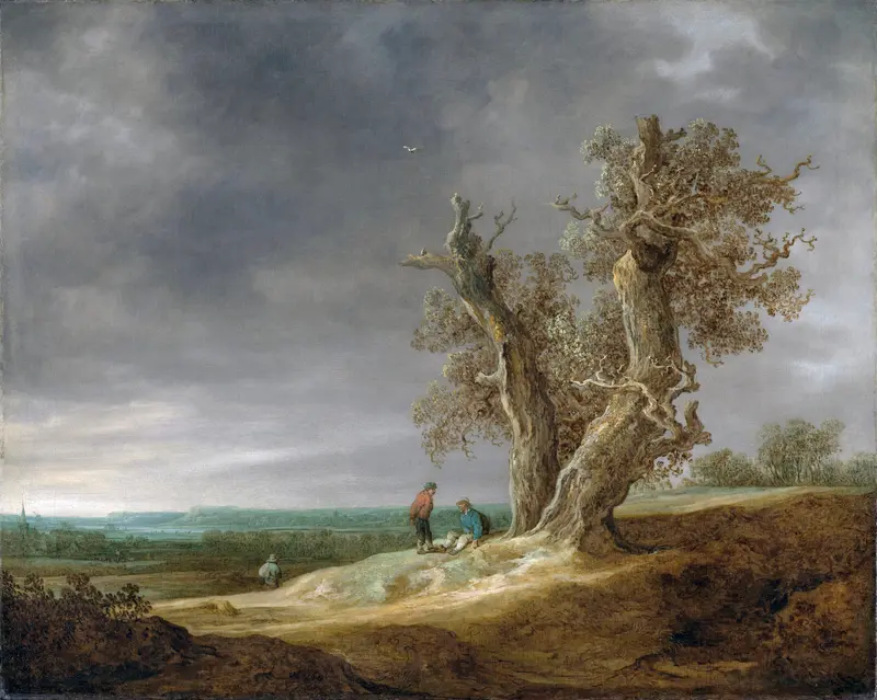 Landscape with Two Oaks, oil on canvas by Jan van Goyen, featuring two oak trees and a dramatic sky.