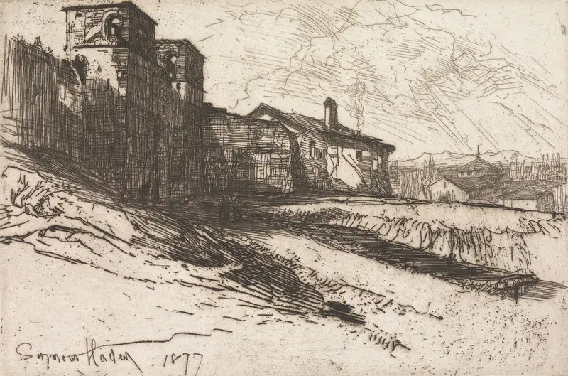 Landscape etching by Francis Seymour Haden depicting a barren scene with muted earth tones.