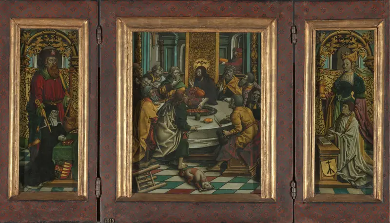 Triptych with the Last Supper and donors, verre églomisé by Jacob Cornelisz van Oostsanen