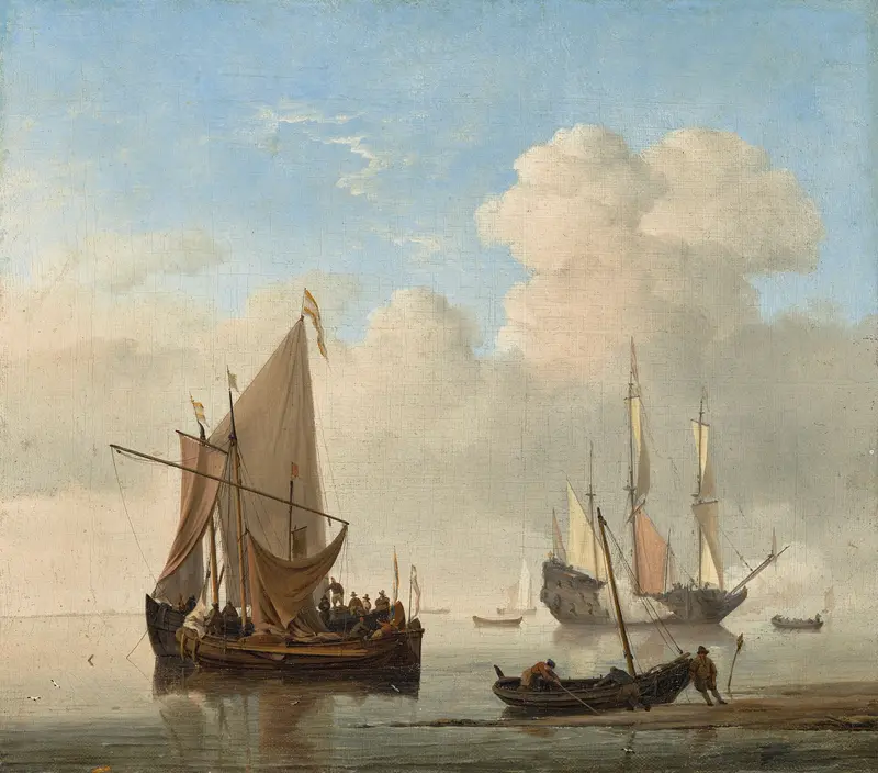 A Calm, marine scene by Willem van de Velde the Younger, oil painting depicting ships and a harbor.