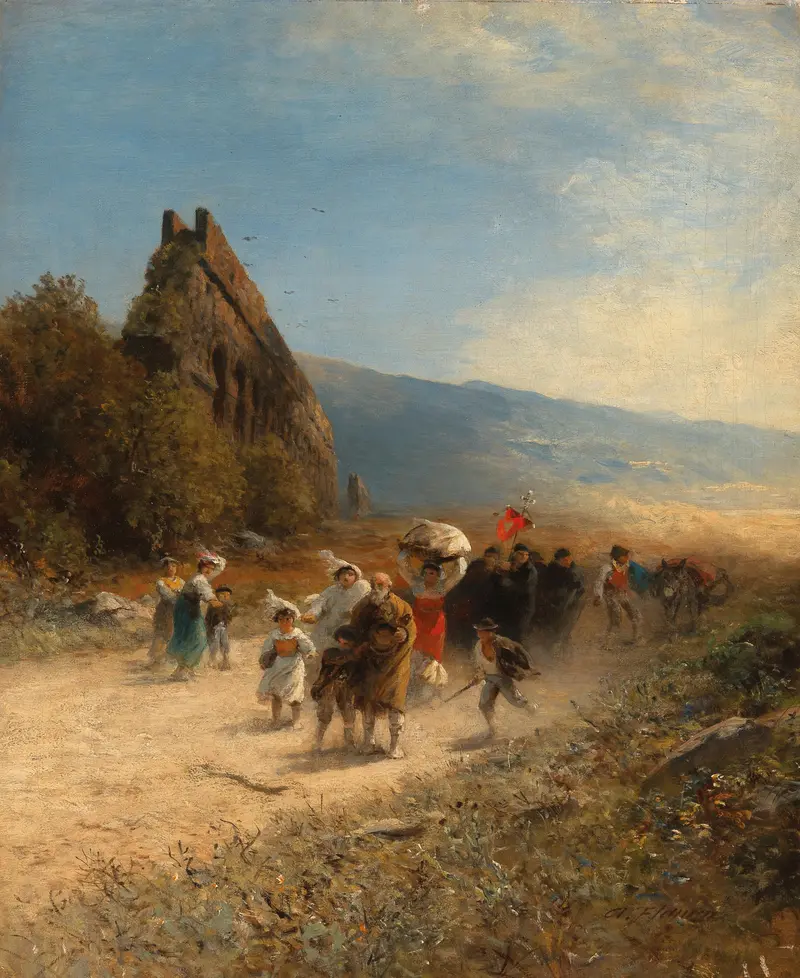 A Procession in the Roman Campagna depicts a vibrant scene of figures in a lush landscape.