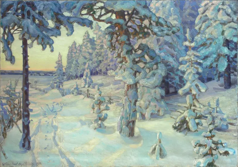 A serene winter landscape with snow-covered trees and a soft blue-white light.