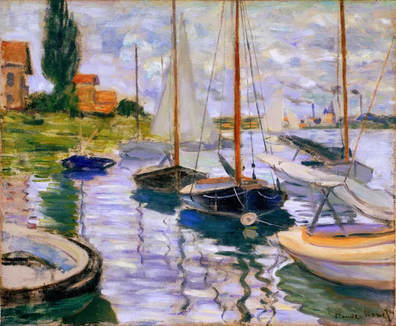 Three sailboats with dark blue, white, and yellow hulls float close together on the rippling Seine with a green riverbank, houses, and a tall poplar tree behind.