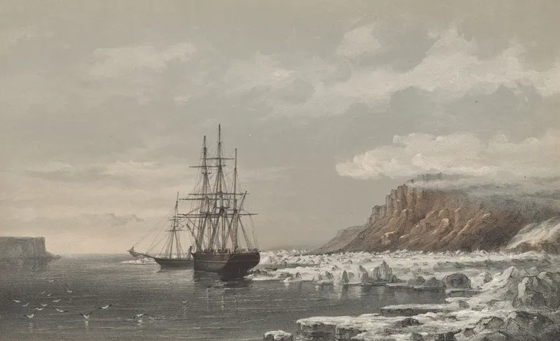 H.M.S. Assistance and Pioneer fast to the Floe, oil on canvas by Walter William May