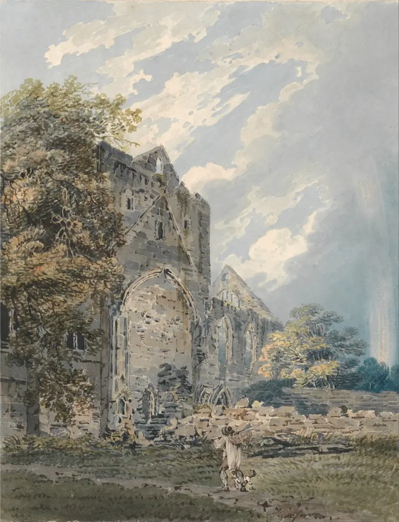 Pluscardine Abbey, watercolor on paper by Thomas Girtin, featuring ruins against a muted sky.