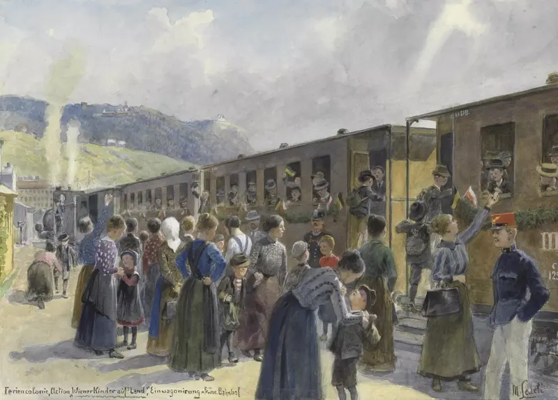 Genre scene depicting children boarding a train, oil painting by Moritz Ledeli