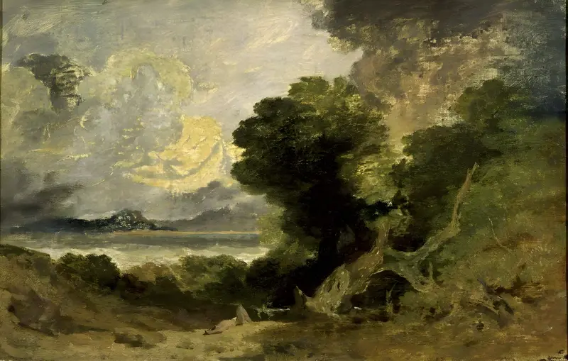 A serene landscape featuring a lake and a fallen tree, reflecting nature's cycles.