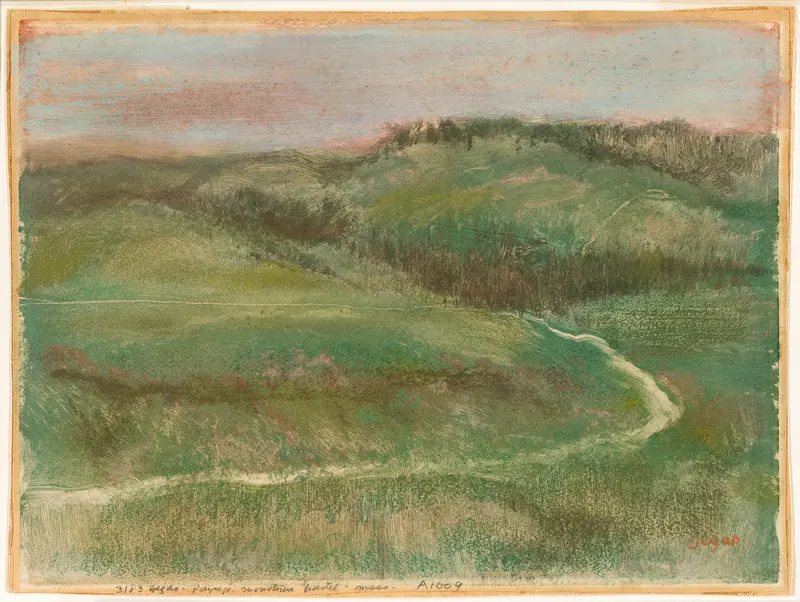 Landscape by Edgar Degas, oil on canvas, featuring a serene river and forest with golden light