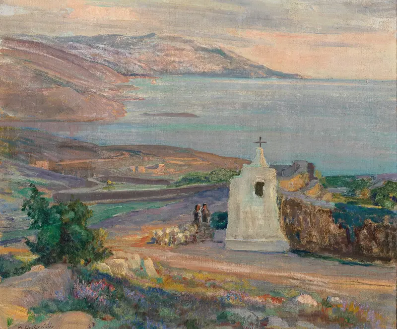Coastal landscape with a chapel, oil on canvas by Menci Clement Crnčić