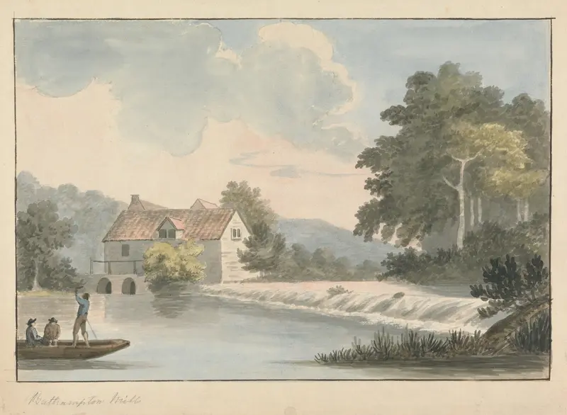 Bathampton Mill, watercolor on paper by Edward Francis Burney, depicting a tranquil landscape with water reflections.