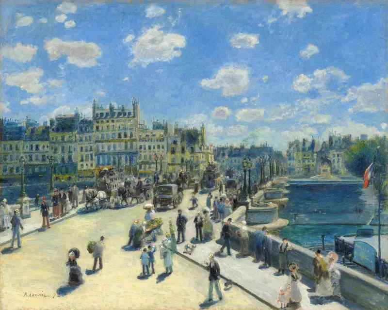 Pont Neuf, Paris by Pierre-Auguste Renoir, oil on canvas depicting a sunset over a river and bridge
