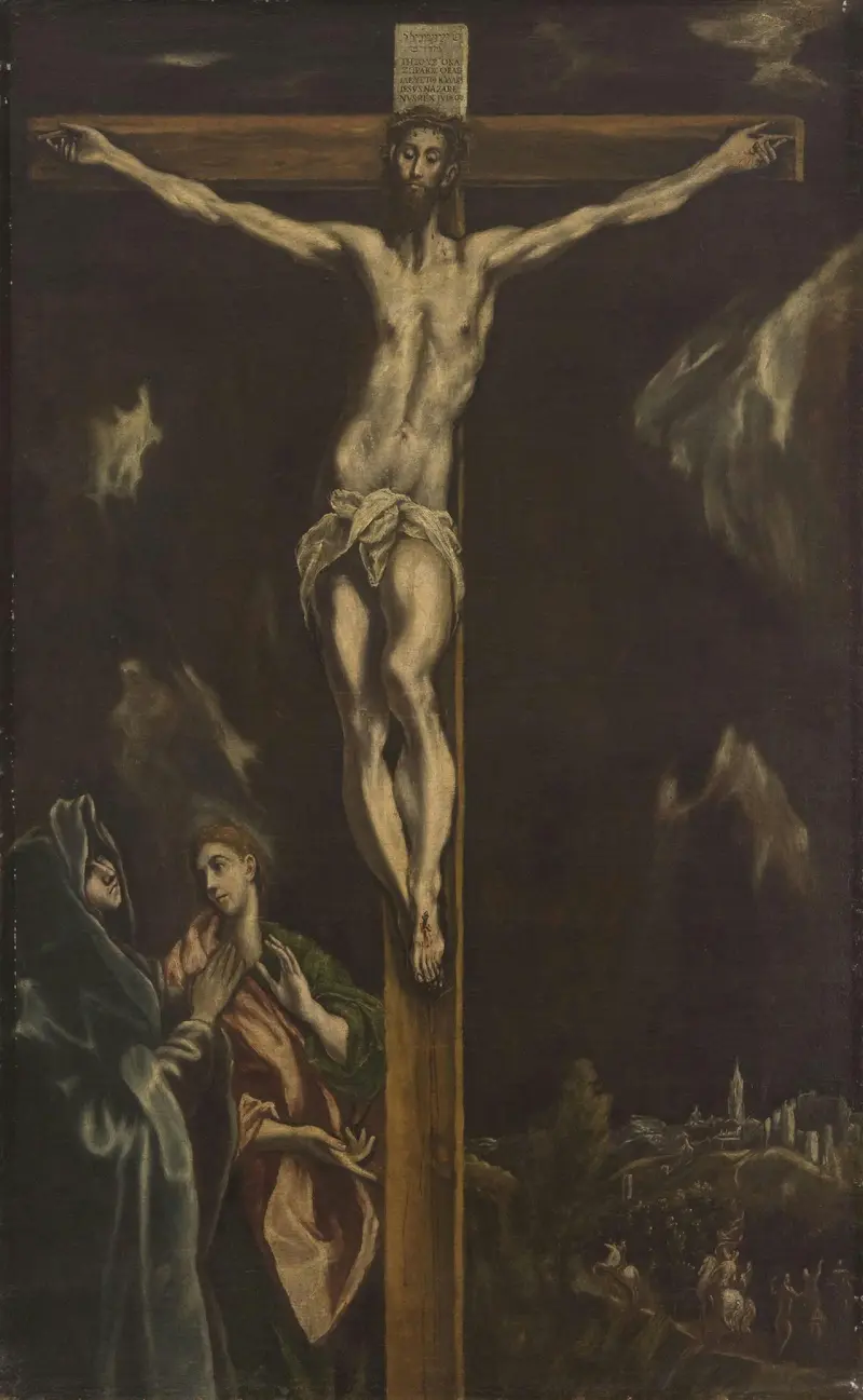A pale Christ hangs on the cross with the Virgin Mary in blue and Saint John in red and green mourning beneath a dark, stormy sky.