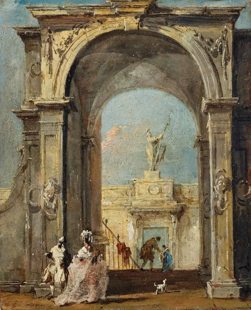 Oil on canvas by Francesco Guardi depicting elegantly dressed figures and a dog at a palace entrance.