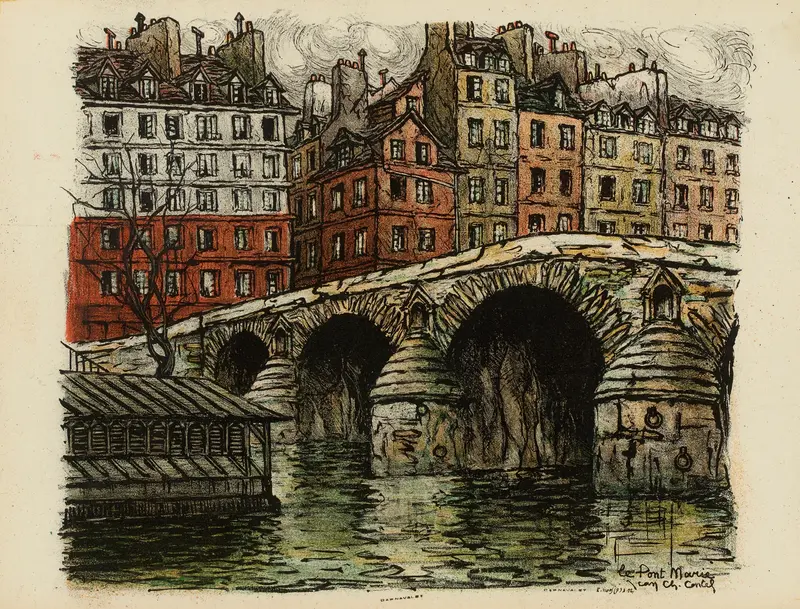 Le pont-Marie by Jean-Charles Contel, oil on canvas depicting a bridge at twilight