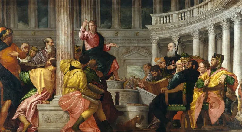 A depiction of the twelve-year-old Christ astonishing the doctors in the Temple.