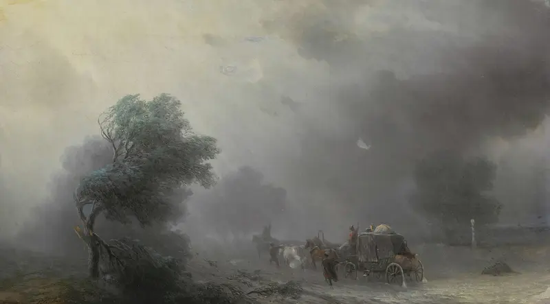 Carriage in a Storm by Ivan Aivazovsky, oil painting depicting a carriage in a stormy landscape.