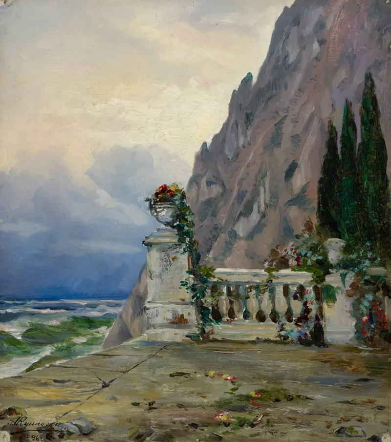 A stone balustrade with an urn and fallen petals overlooks a restless sea and dramatic cliffs under a stormy sky.