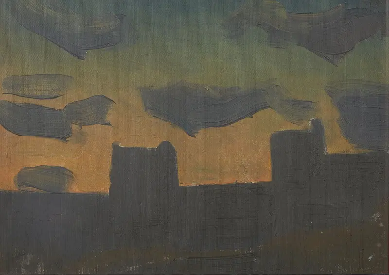Two blocky silhouettes stand against a glowing sky during a total eclipse, with clouds drifting across the horizon.