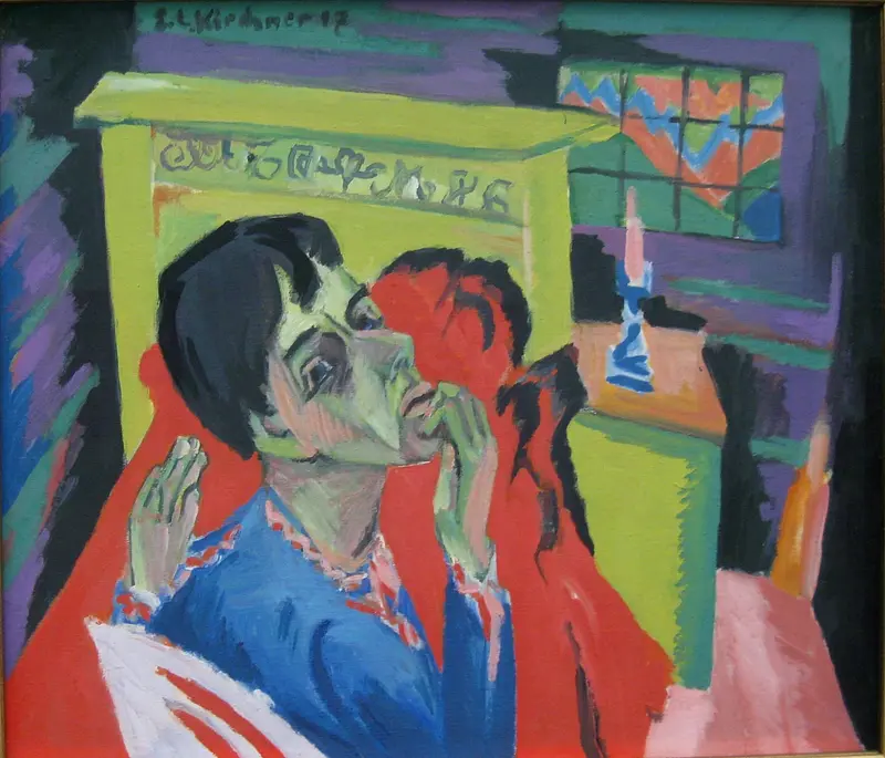 A sick man’s face with unnatural colors, one hand clawing at his cheek, draped over a vivid red blanket.