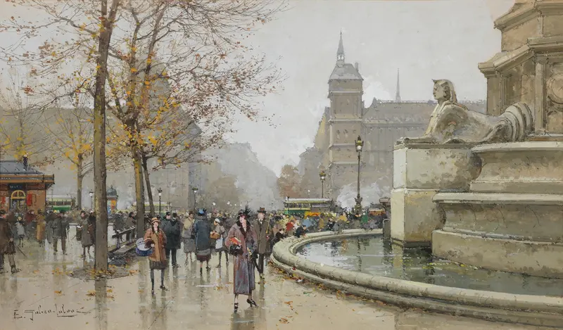 Fountain in La fontaine du Palmier by Eugène Galien-Laloue, Impressionism