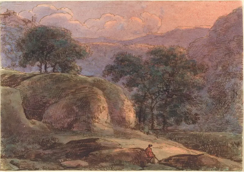 Traveler in a mountainous landscape at sunset, oil on canvas by Franz Kobell