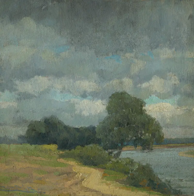 Landscape oil painting by Ľudovít Čordák featuring hills and soft light