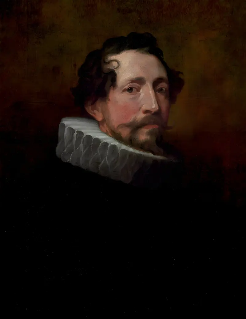 A bust-length portrait of a man with dark curly hair, a trimmed beard, and a white ruff collar against a dark background.