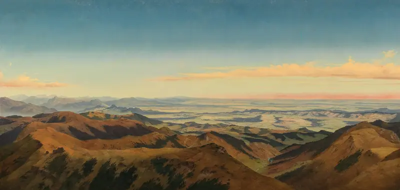 Oil painting by Markus Pernhart depicting mountains at dawn