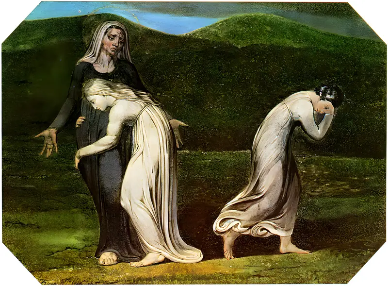 William Blake's depiction of Naomi urging Ruth and Orpah to return to Moab, capturing a moment of emotional turmoil.