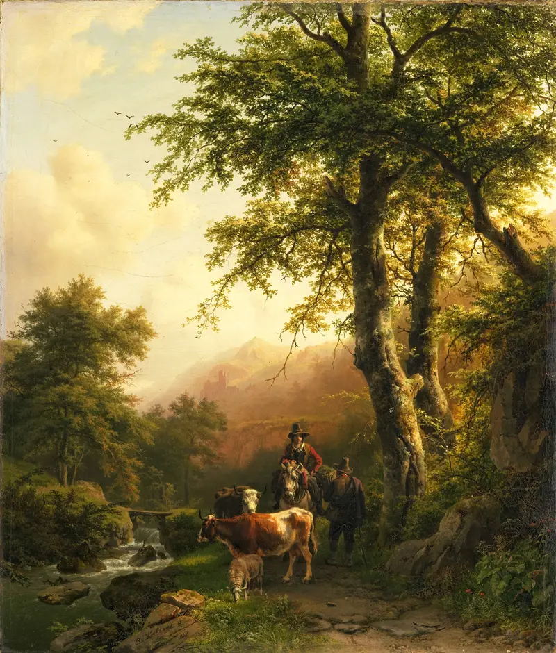 Italian Landscape by Barend Cornelis Koekkoek, oil on canvas depicting rolling hills and warm light.