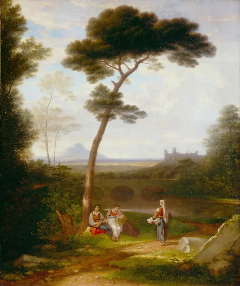 Italian Landscape by Washington Allston, oil on canvas depicting gentle hills and a pastel sky.