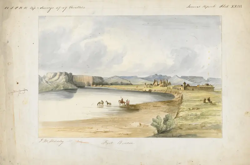 Fort Benton by John Mix Stanley, oil on canvas depicting a landscape with a fort and river.
