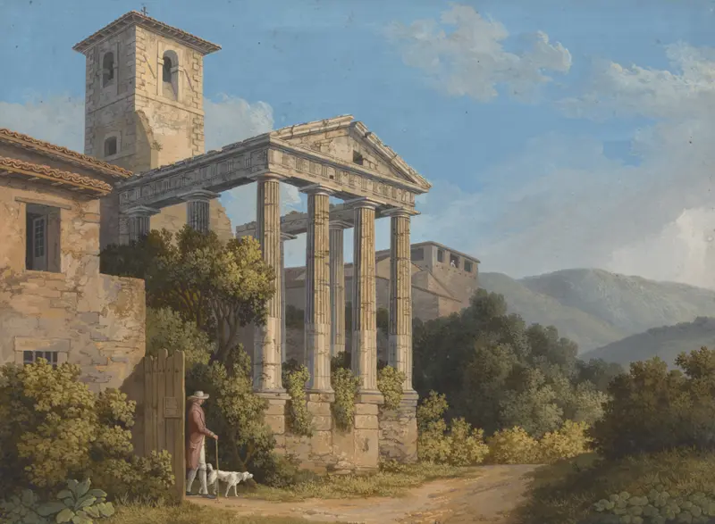 The Temple of Hercules in Cori near Velletri by Jacob Philipp Hackert, oil painting