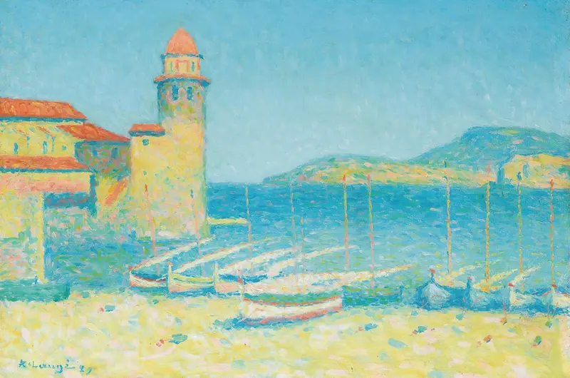 Le Port De Collioure by Achille Laugé, oil painting depicting vibrant waves and shore.