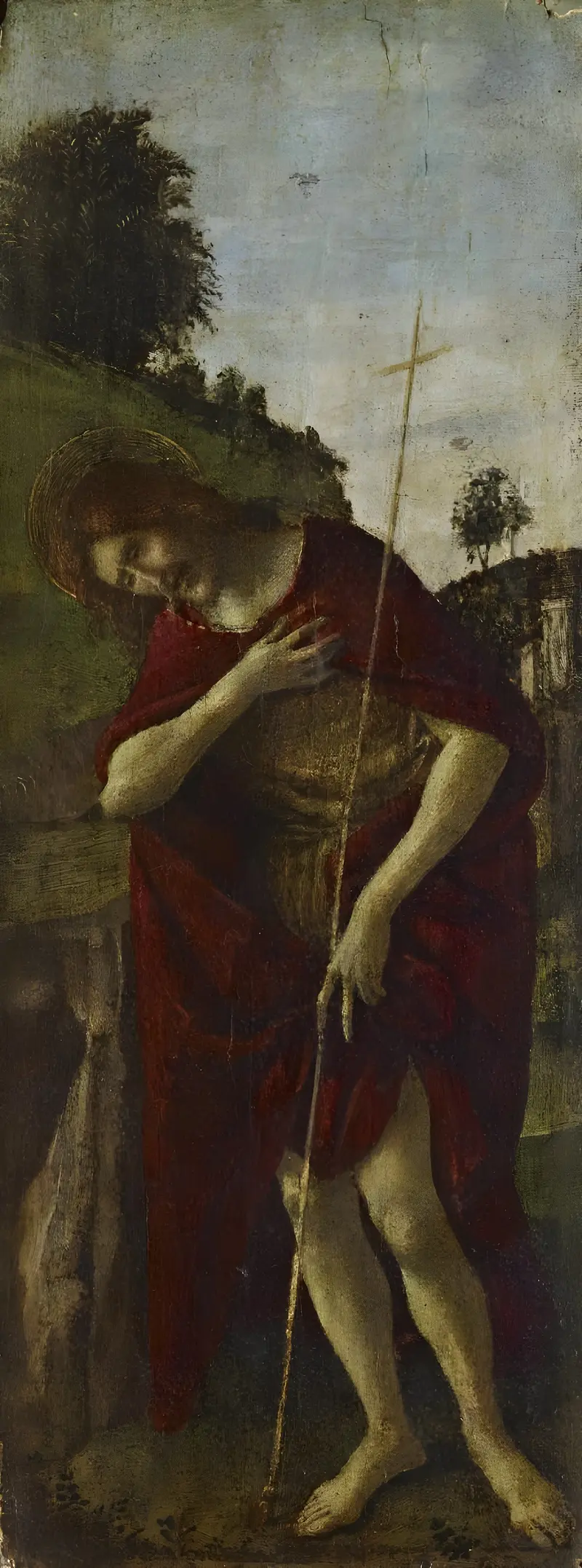 A depiction of Saint John the Baptist by Sandro Botticelli, showcasing his serene expression and camel-hair garment.