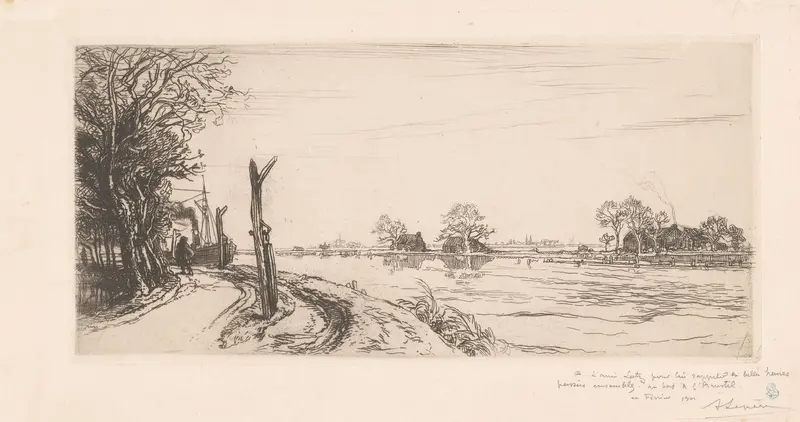 Etching by Auguste Lepère depicting the Amstel River with lush greenery.