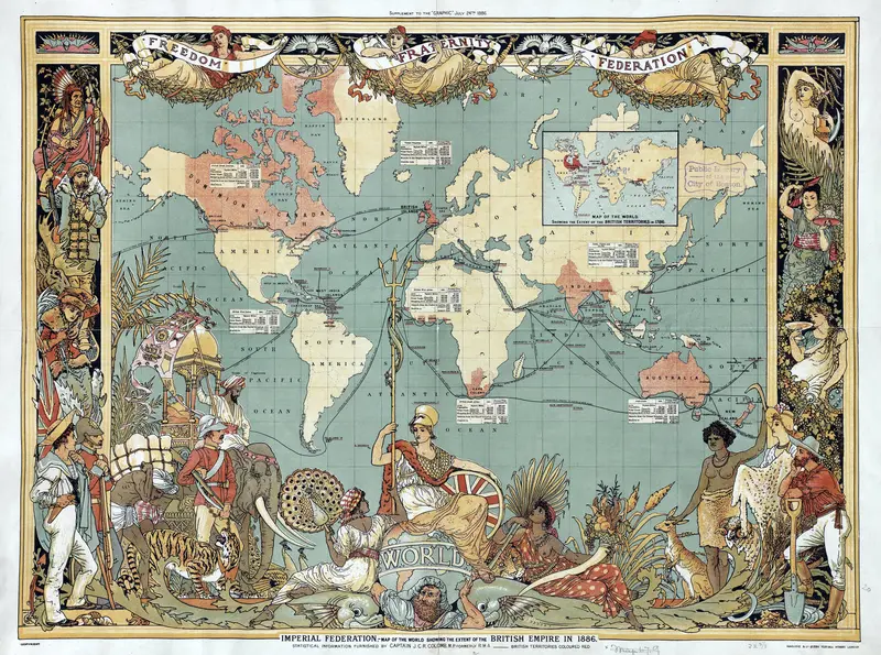 This artwork illustrates the vastness of the British Empire through a detailed map.