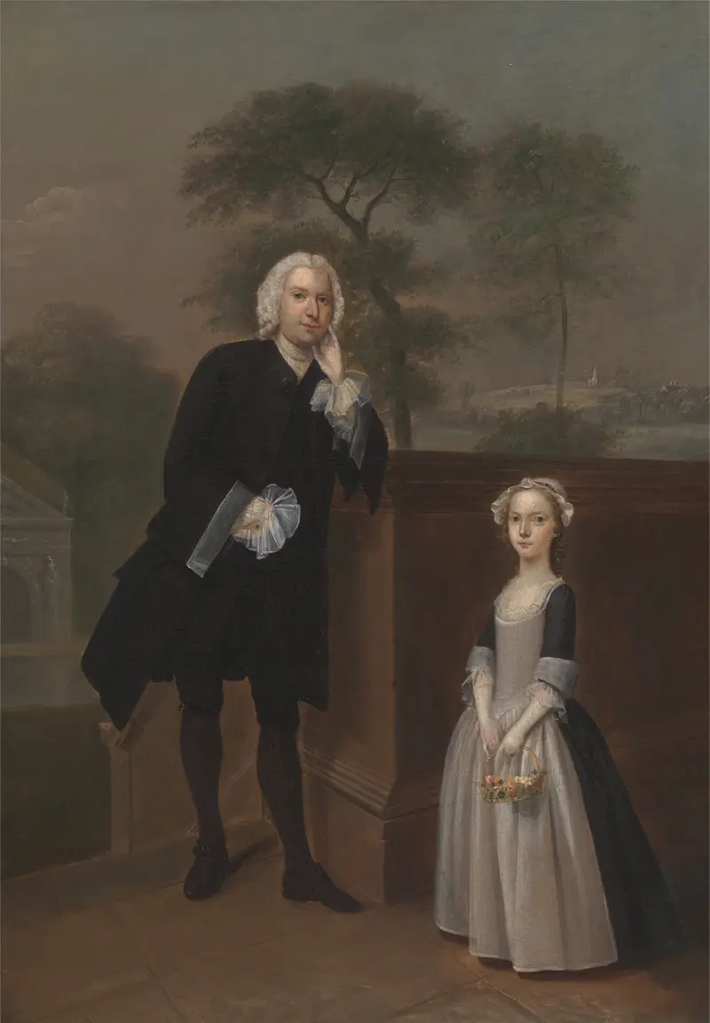 A man in black attire leans against a balustrade, with his daughter in a pale dress beside him, both in a serene outdoor setting.