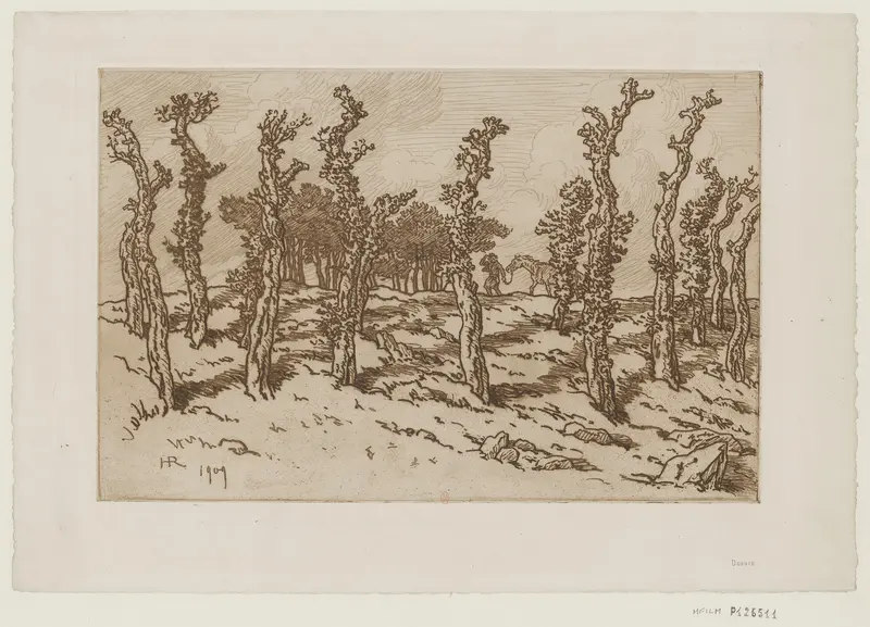 A painting depicting cut oaks in a serene landscape.