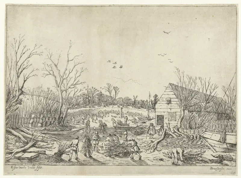Restoration scene of Lekdijk by Esaias van de Velde, etching