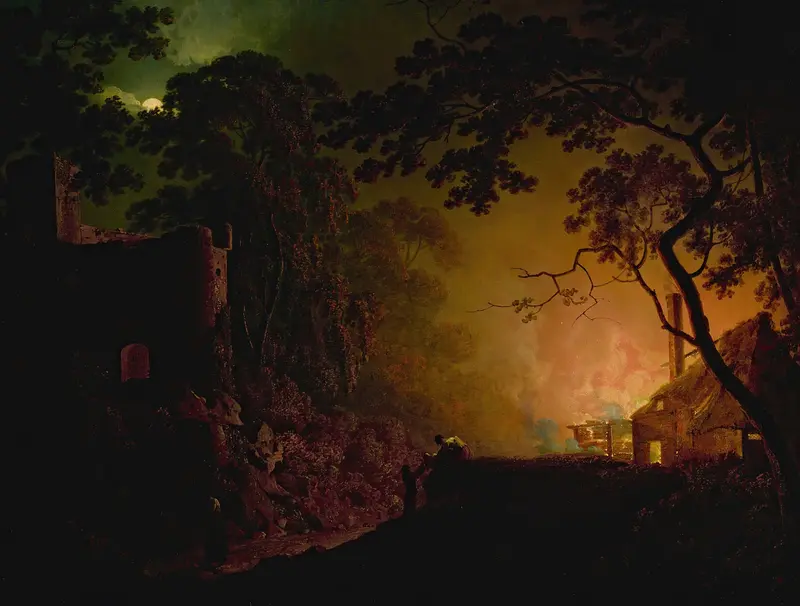 A cottage on fire at night, oil painting by Joseph Wright of Derby