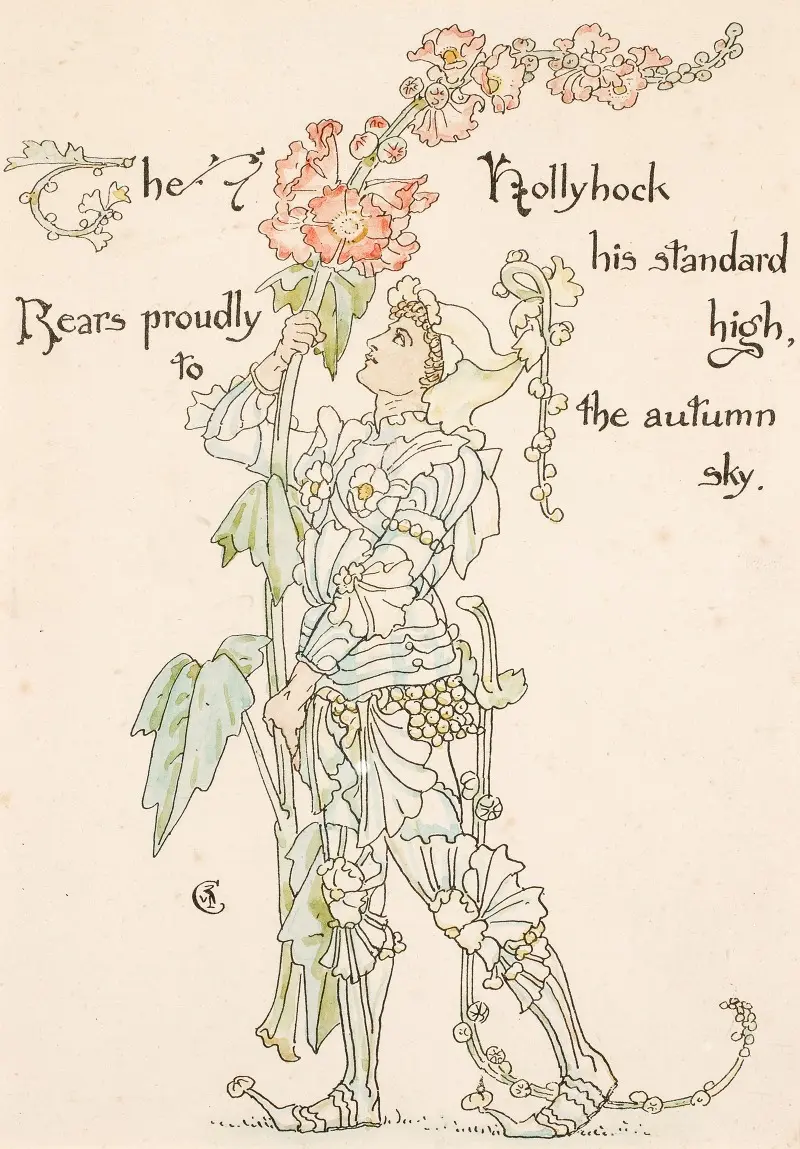 A vibrant botanical illustration featuring hollyhocks against a blue sky.