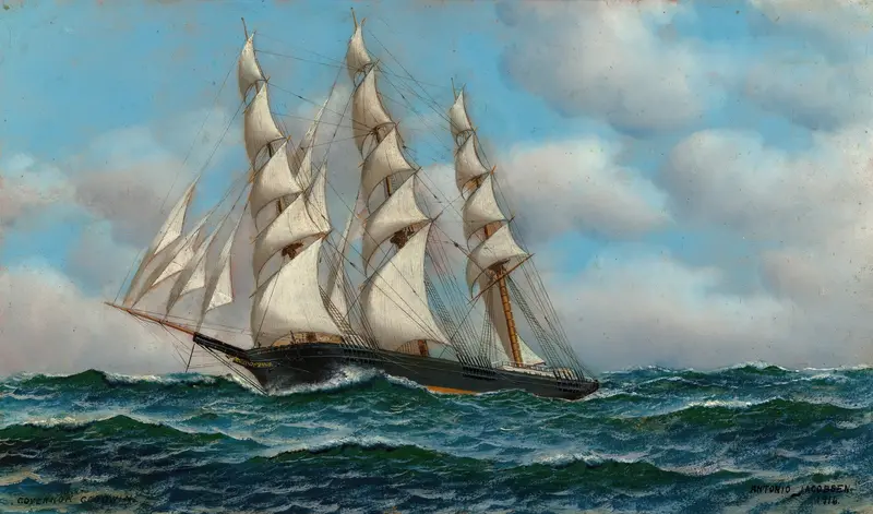 Governor Goodwin, oil painting by Antonio Jacobsen, depicting a ship at anchor in the harbor.