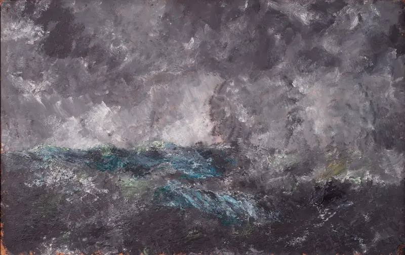 A tumultuous seascape with swirling waves and stormy skies, evoking the power of nature.