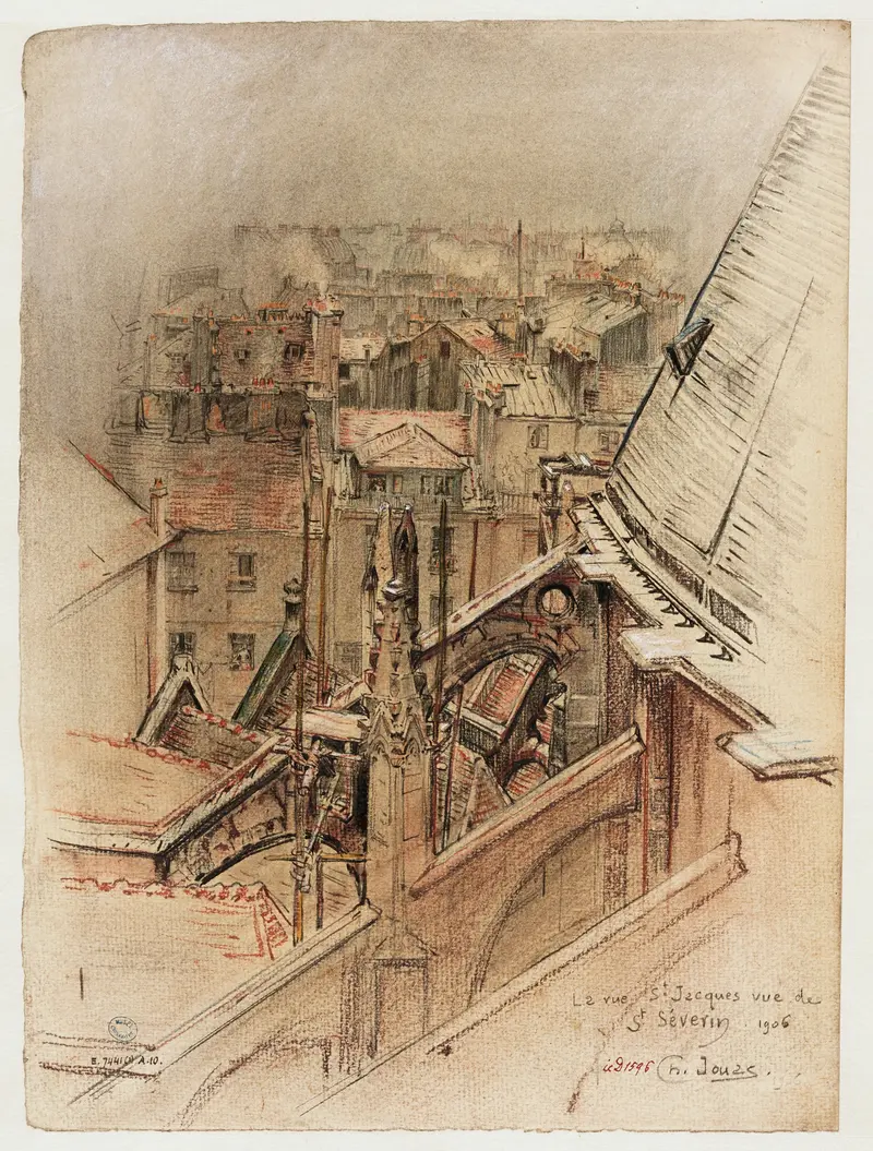Rue Saint Jacques, 1906 by Charles Jouas, depicting a Paris street with sunlight and cobblestones.