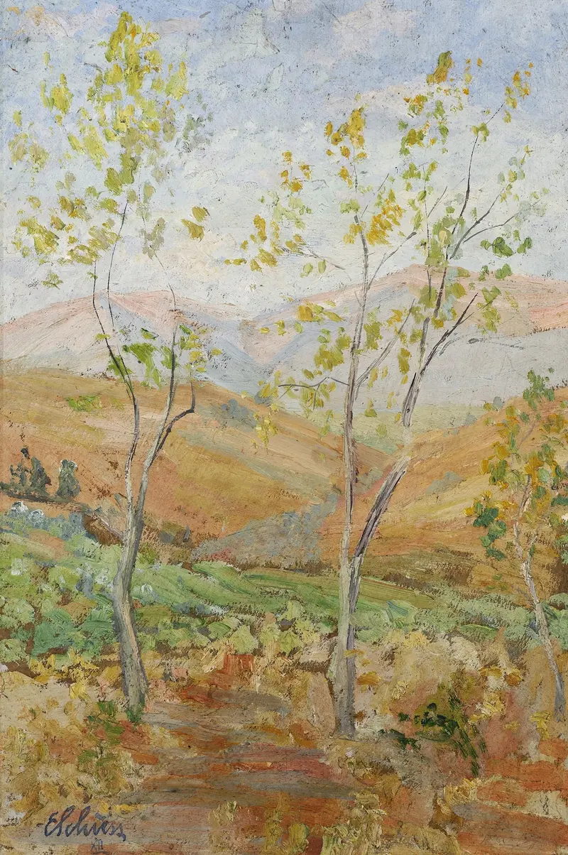 Post-Impressionism landscape by Ernst Schiess, depicting Corsican mountains in vibrant greens.