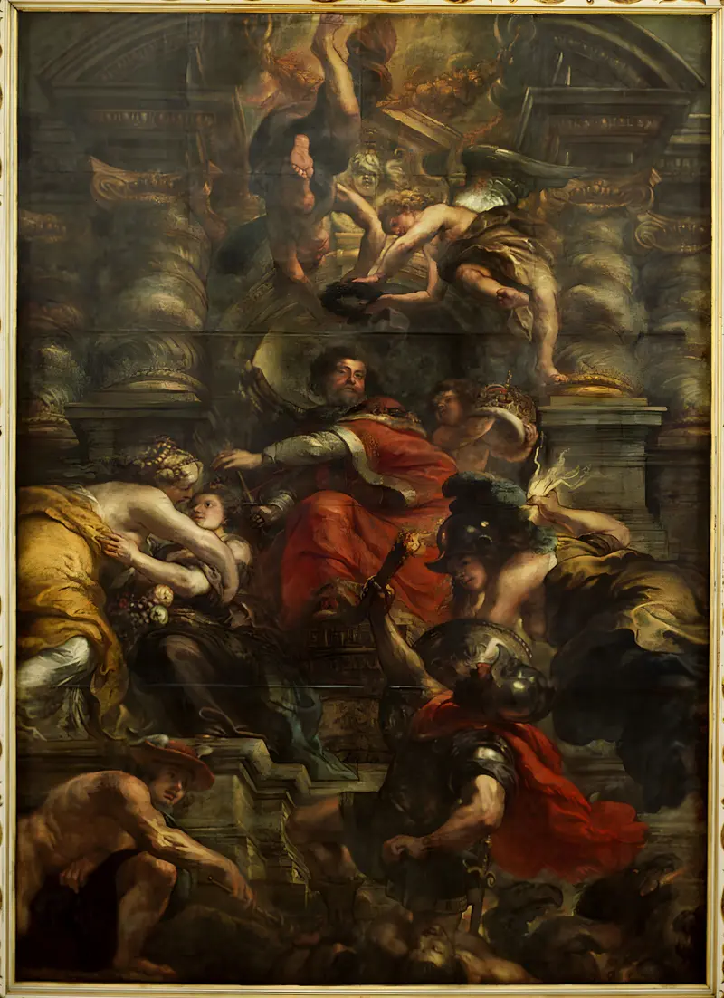 The Wise Rule of James I by Peter Paul Rubens depicts King James I surrounded by allegorical figures.